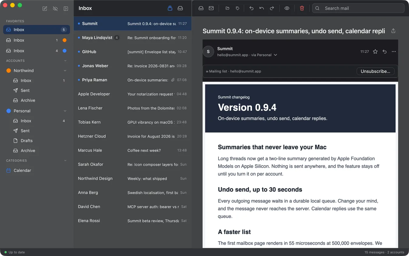 Summit with the compact message list, dark theme