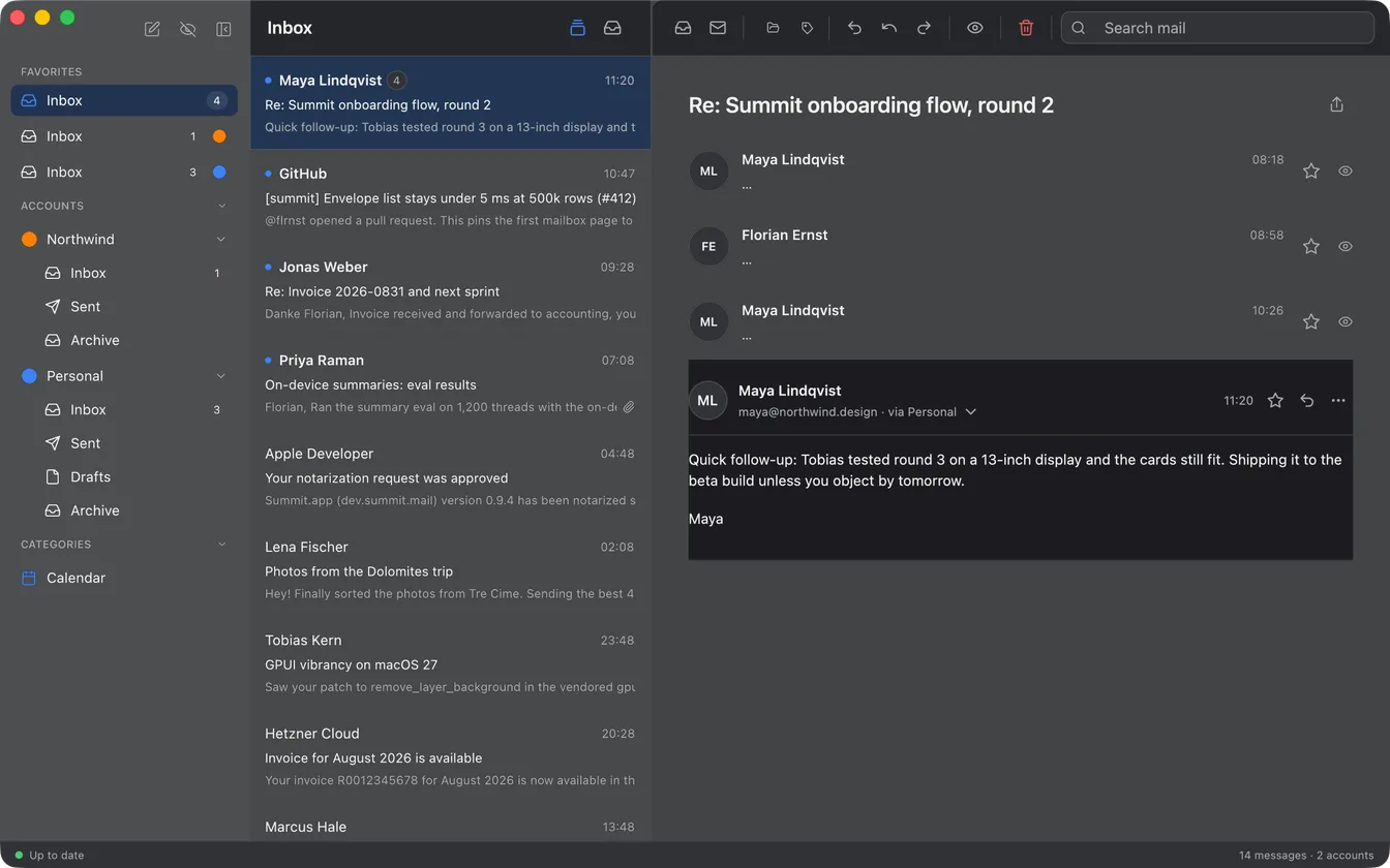Summit showing a four-message conversation across two accounts, dark theme