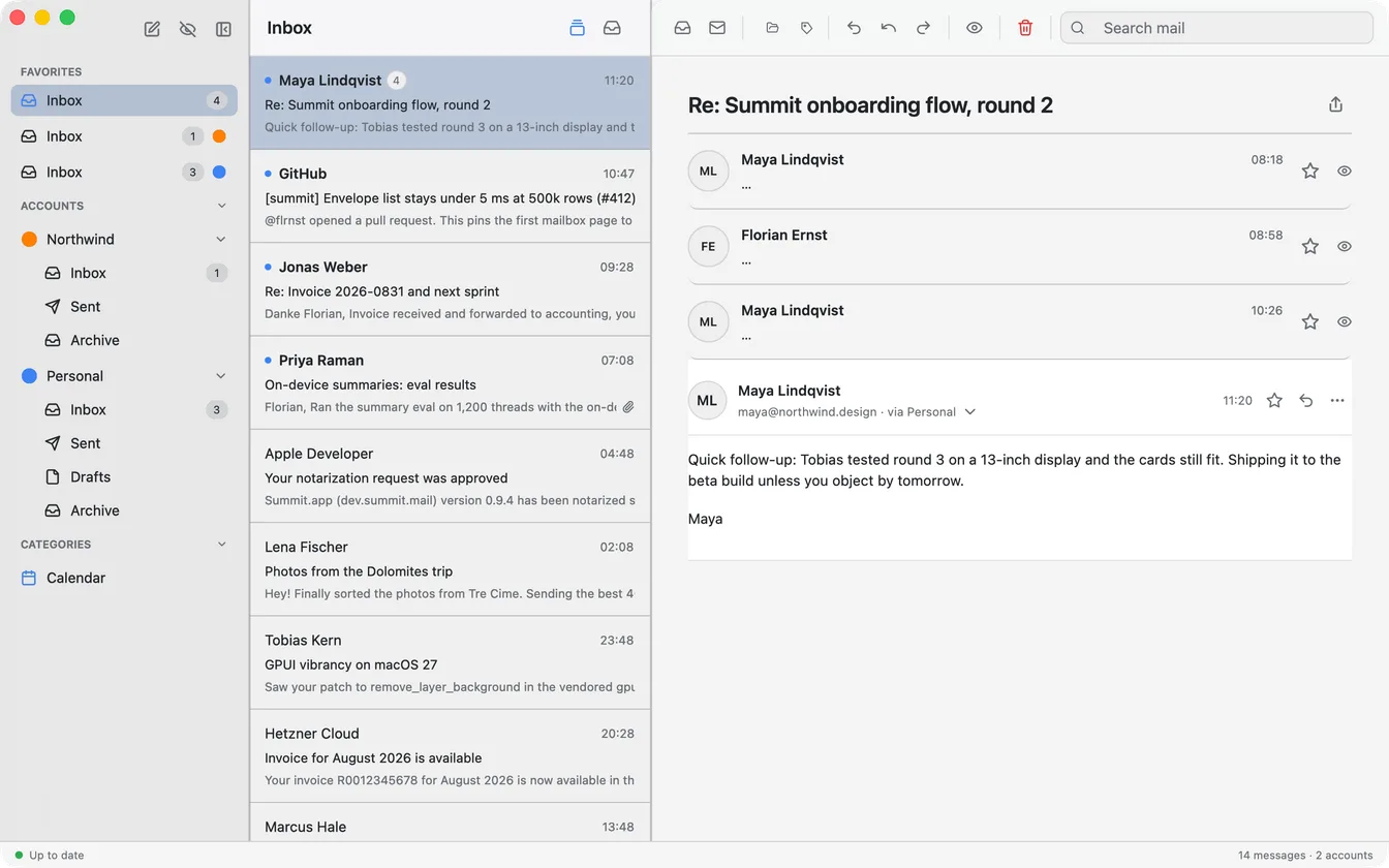 Summit showing a four-message conversation across two accounts, light theme