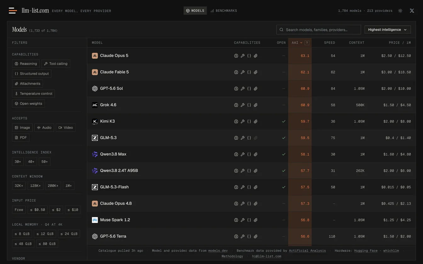 llm-list.com model catalogue in dark mode