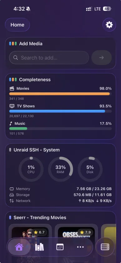 Helmarr home dashboard with configurable service widgets