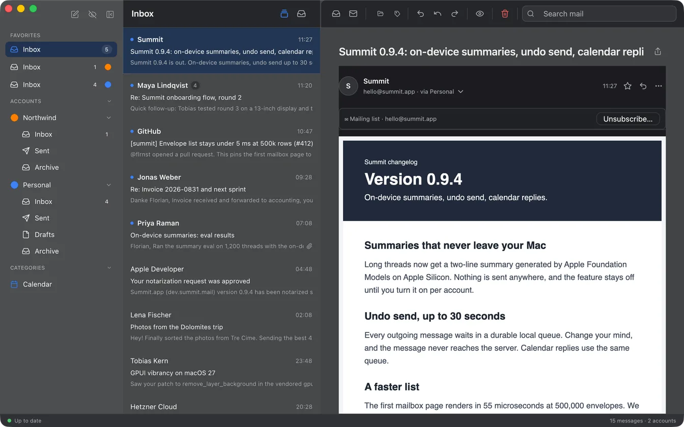 Summit rendering an HTML newsletter natively, dark theme