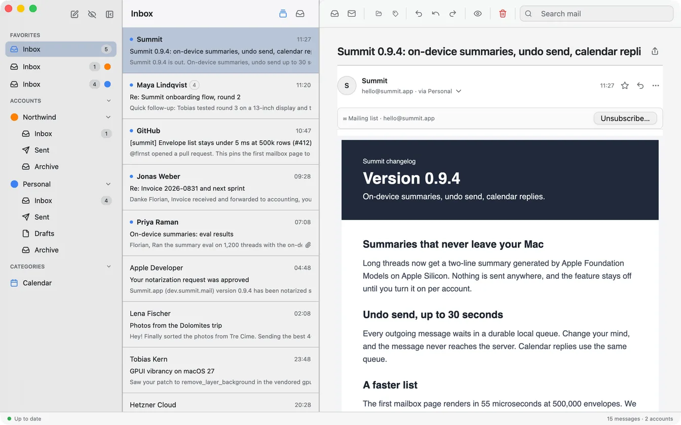 Summit rendering an HTML newsletter natively, light theme