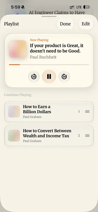 Nabu playlist with narrated articles playing
