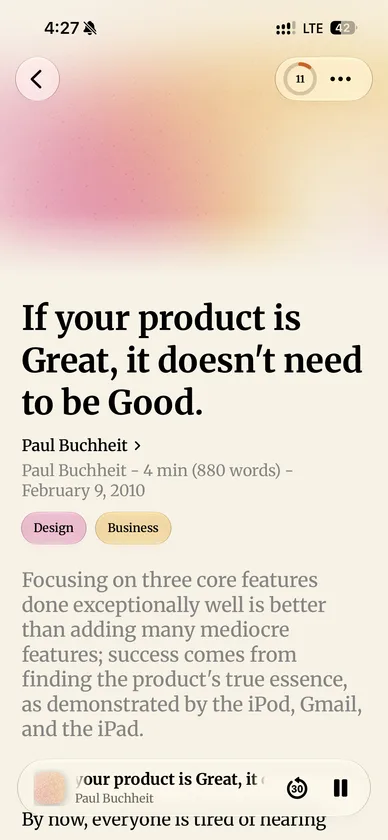 Nabu reader with a clean article and audio player