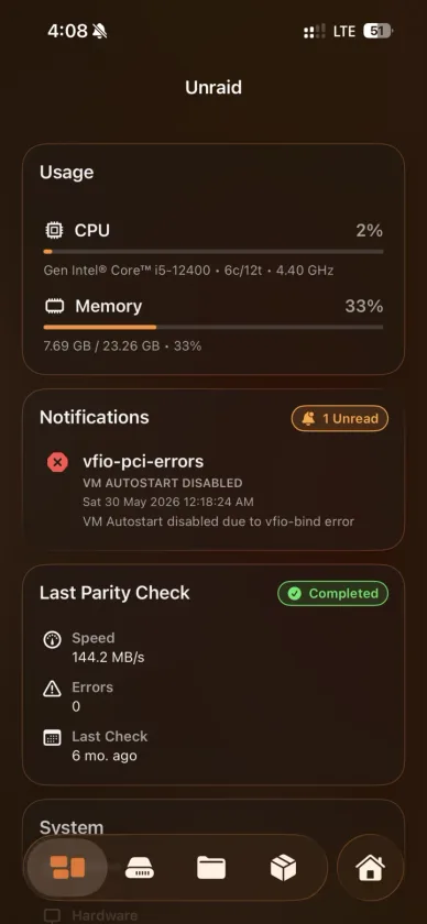 Helmarr Unraid server view